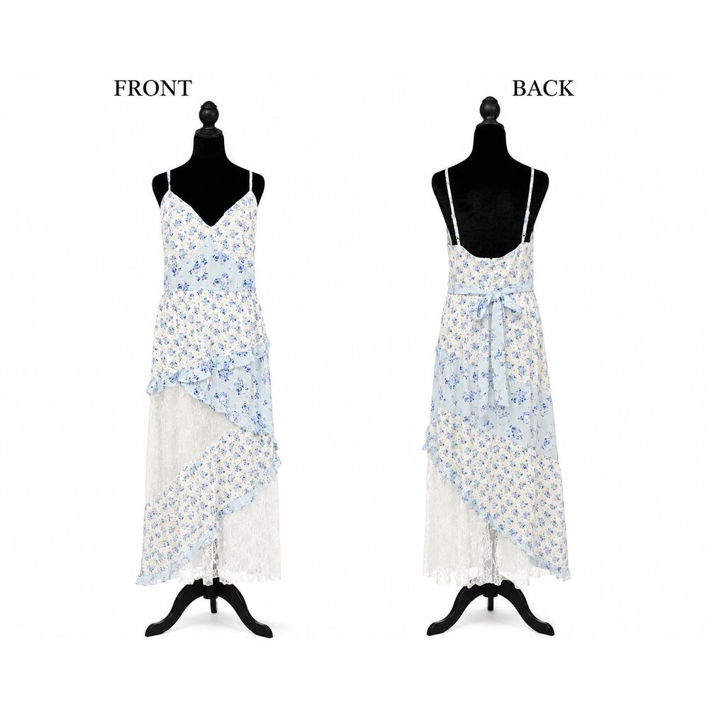 Francesca's Blue Floral Lace Tiered Midi Dress Cottagecore XL Adjustable - Picture 2 of 13